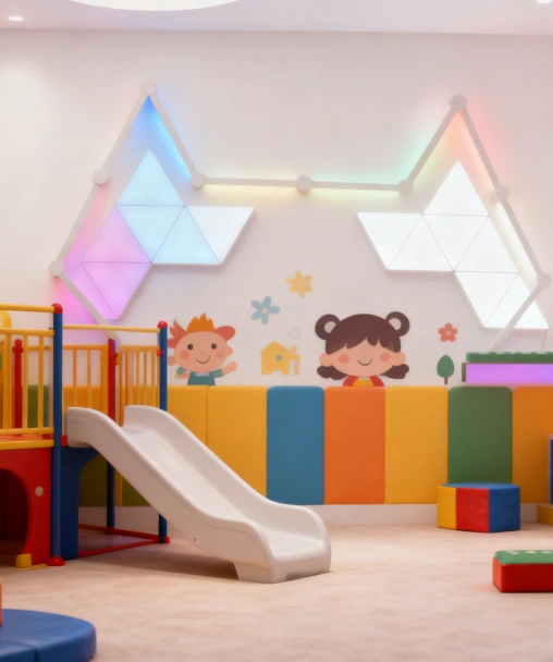 kids playroom RGBIC lighting with colorful modular LED shapes, child-safe wall lights, interactive RGB panels for nurseries, play areas, learning rooms, and creative children’s décor – Gaming Hexagon Lights