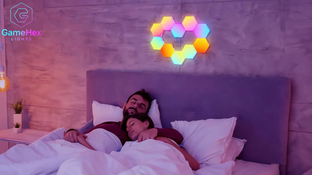 Modular LED Hexagon Wall Lights on Bedroom Wall – Soft Relaxing RGB Lighting by GameHex Lights
