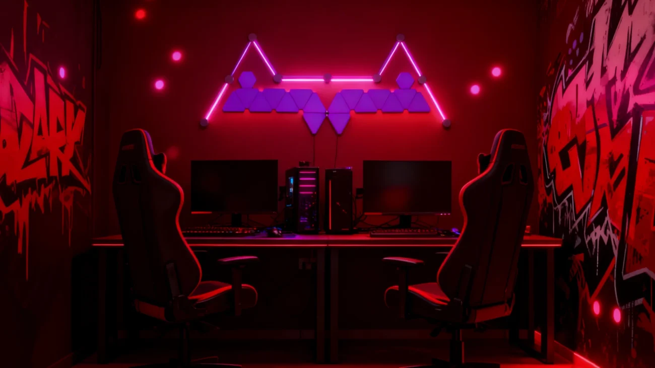 Dream Color RGBIC Triangle Wall Panels with Light Bars by Gaming Hexagon Lights – Smart DIY Modular RGB Ambient Lighting for Gaming Rooms, Bedrooms, and Home Studios