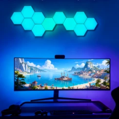 Modular RGBIC hexagon wall light panels with app control and music sync, customizable ambient LED tiles for gaming rooms, bedrooms, and streaming setups by Gaming Hexagon Lights.