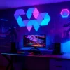 RGBIC triangle LED wall panels with Bluetooth app control for customizable modular ambient lighting in gaming rooms, streaming setups, and modern home décor by Gaming Hexagon Lights.