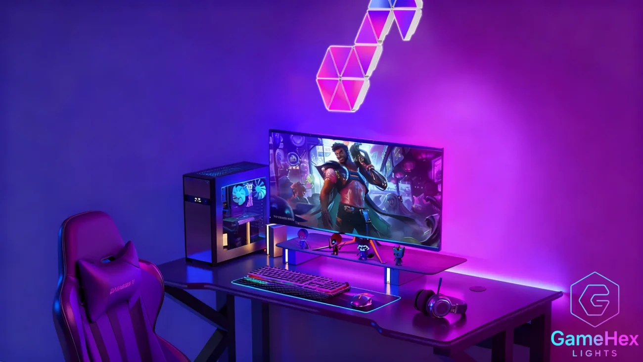 Large RGB LED triangle wall lights for gaming, bedroom, and home office setups with modular panels and smart app-controlled ambient lightingLarge RGB LED triangle wall lights for gaming, bedroom, and home office setups with modular panels and smart app-controlled ambient lighting