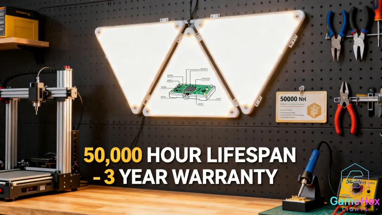 Large RGB triangle LED light panels for bedroom and gaming room ambience with smart modular wall lighting effects