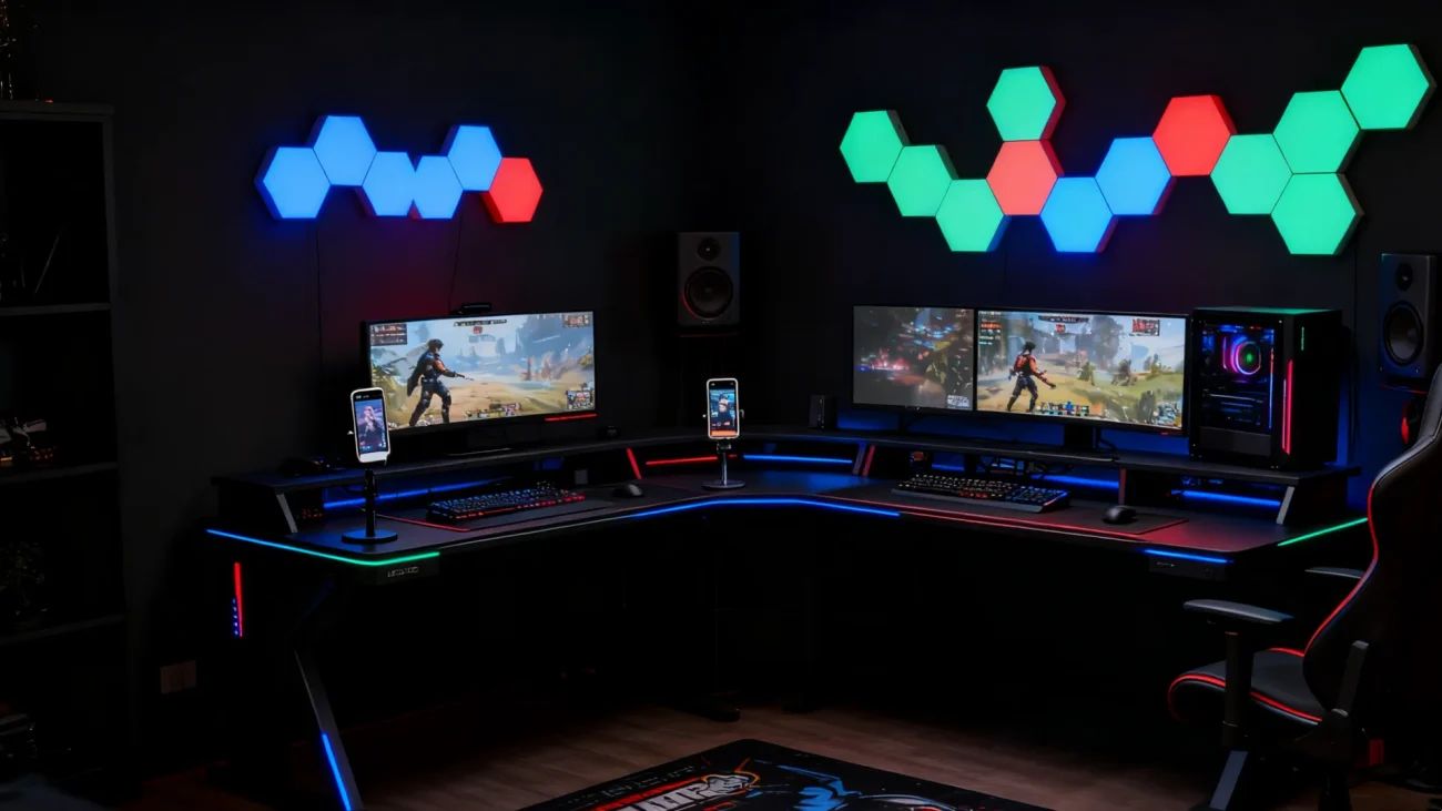 Gaming Hexagon Lights RGBIC smart hexagon LED wall panels, modular DIY ambient lighting for PC gaming desk setup, streaming background, bedroom décor and smart home RGB lighting
