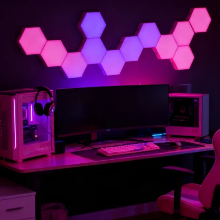 Gaming Hexagon Lights RGBIC hex honeycomb LED wall decor panels, smart dream color modular lighting for bedroom, gaming room, PC setup, studio background, and modern home décor