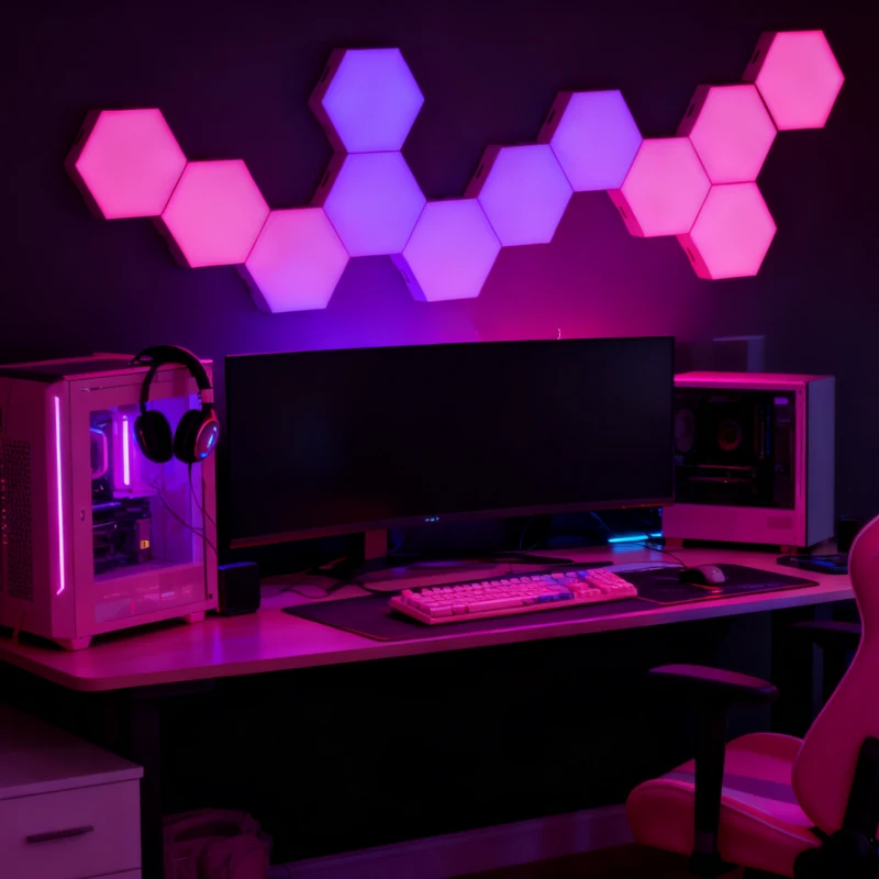 Gaming Hexagon Lights RGBIC hex honeycomb LED wall decor panels, smart dream color modular lighting for bedroom, gaming room, PC setup, studio background, and modern home décor