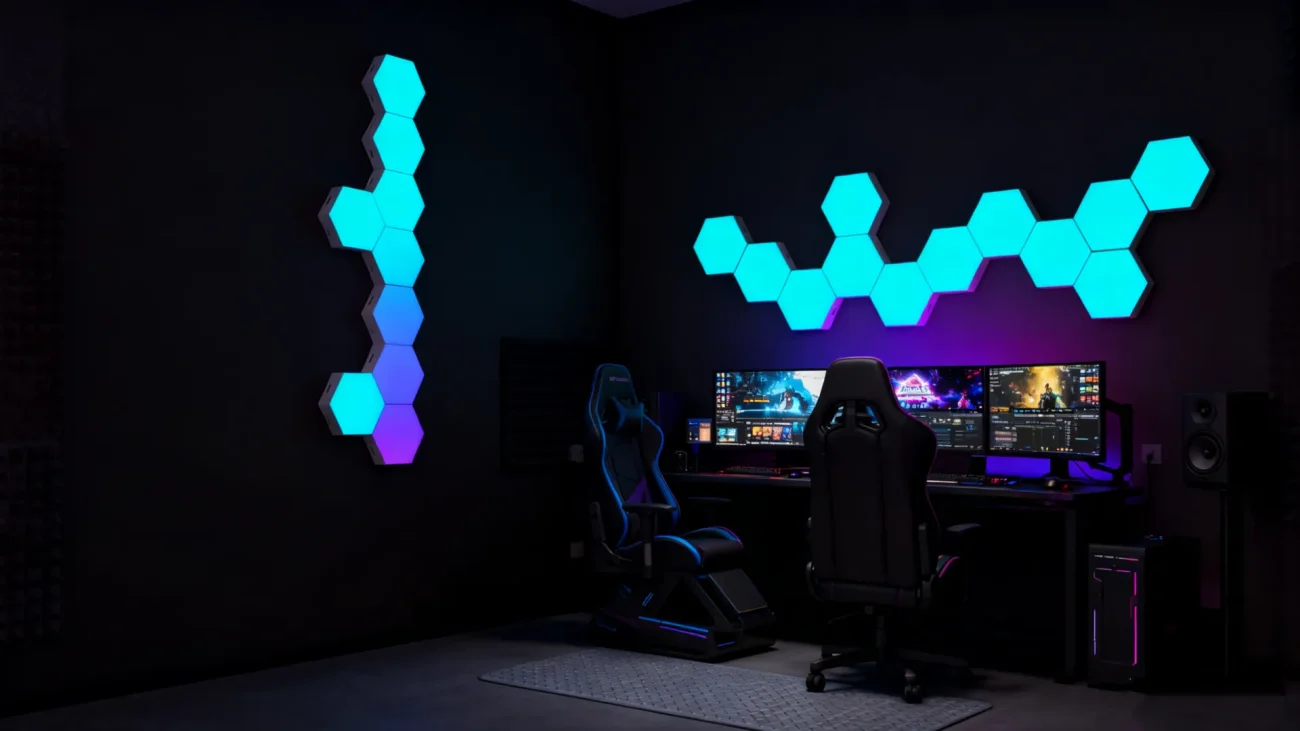 Gaming Hexagon Lights RGBIC hexagon creative LED wall lighting system, smart modular ambient light panels for home décor, gaming spaces, PC desk setups, streaming rooms, and modern interior decoration