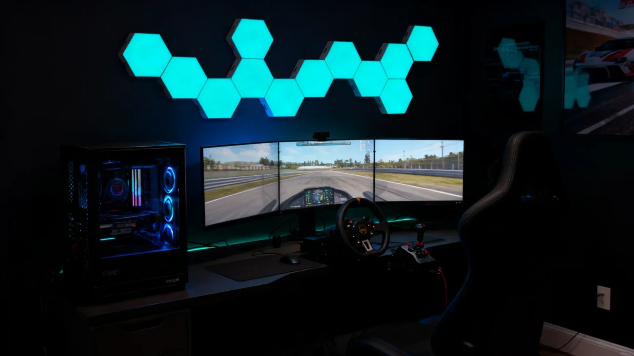 Gaming Hexagon Lights Honeycomb RGBIC hexagon wall panels, smart DIY modular LED lighting for gaming setups, streaming rooms, bedrooms, home décor, studios, and creative interior design