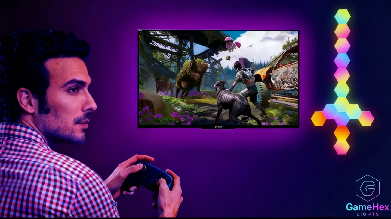 RGB Hexagon LED Wall Lights in Gaming Room – Futuristic Immersive Setup by GameHex Lights