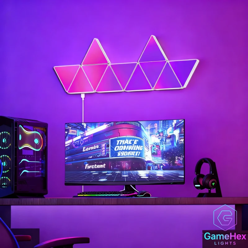 Large RGB triangle LED wall light panels with app control and music sync for gaming room and home ambience