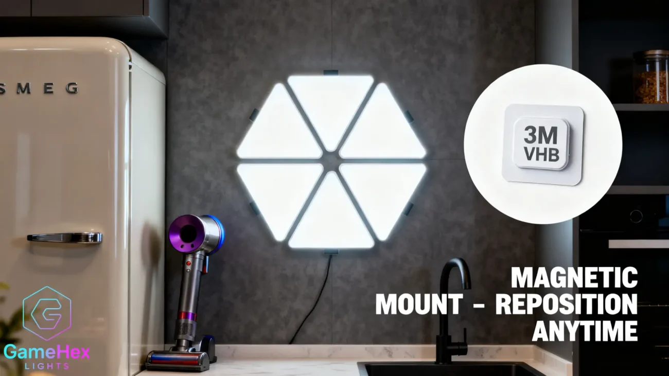 Large format smart RGB triangle LED panels for home, studio, gaming setups, and modern interiors, featuring fully customizable colors, adjustable brightness, app and remote control, magnetic modular design for flexible wall layouts, creating immersive ambient lighting for gamers, content creators, and modern home décor enthusiasts – Gaming Hexagon Lights.