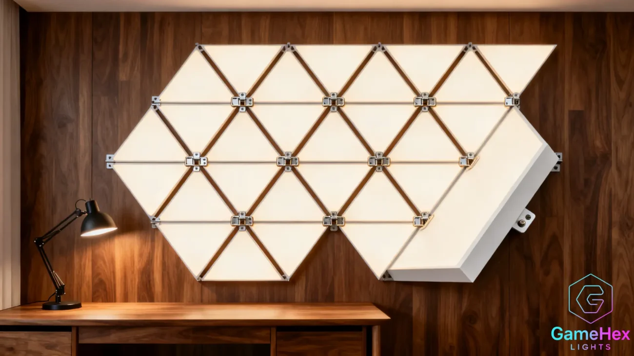 Large RGB triangle LED modular light panels for bedrooms, living rooms, gaming setups, and modern home décor, featuring smart app-controlled customization, adjustable brightness, dynamic RGB color effects, and magnetic modular design for flexible wall layouts, perfect for gamers, streamers, and content creators – Gaming Hexagon Lights.