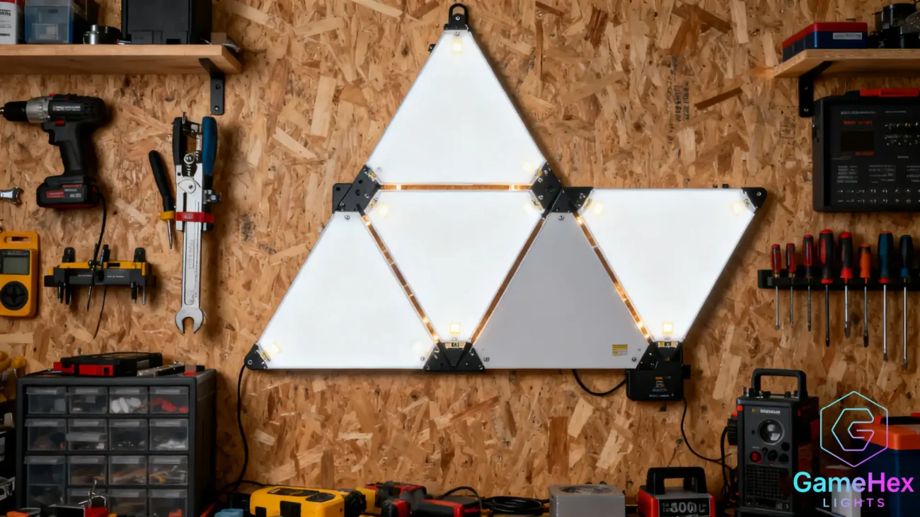 Large RGB triangle LED wall panels with app control for game rooms, bedrooms, home offices, and modern interiors, featuring modular smart lighting, fully customizable colors, adjustable brightness, dynamic RGB effects, magnetic panel design for flexible wall layouts, perfect for gamers, streamers, and content creators – Gaming Hexagon Lights.