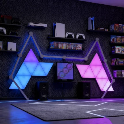 Modular RGBIC Gaming Light Panels Set with 14 Triangle Panels and 10 LED Light Bars by Gaming Hexagon Lights for Smart Wall Decor