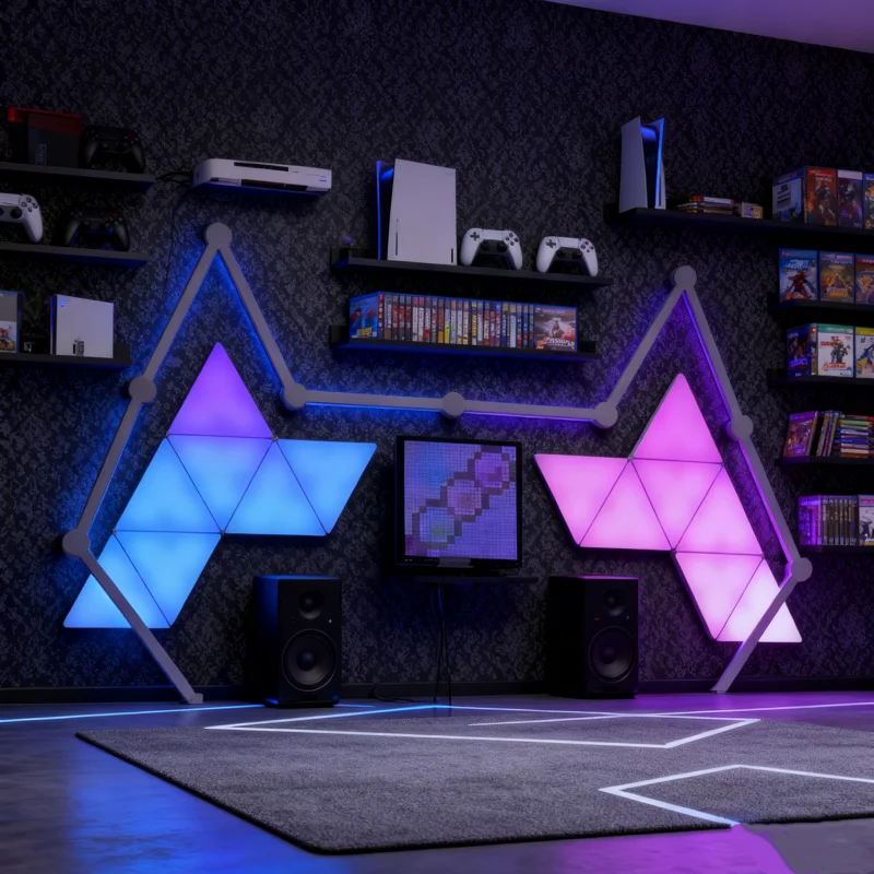 Modular RGBIC Gaming Light Panels Set with 14 Triangle Panels and 10 LED Light Bars by Gaming Hexagon Lights for Smart Wall Decor