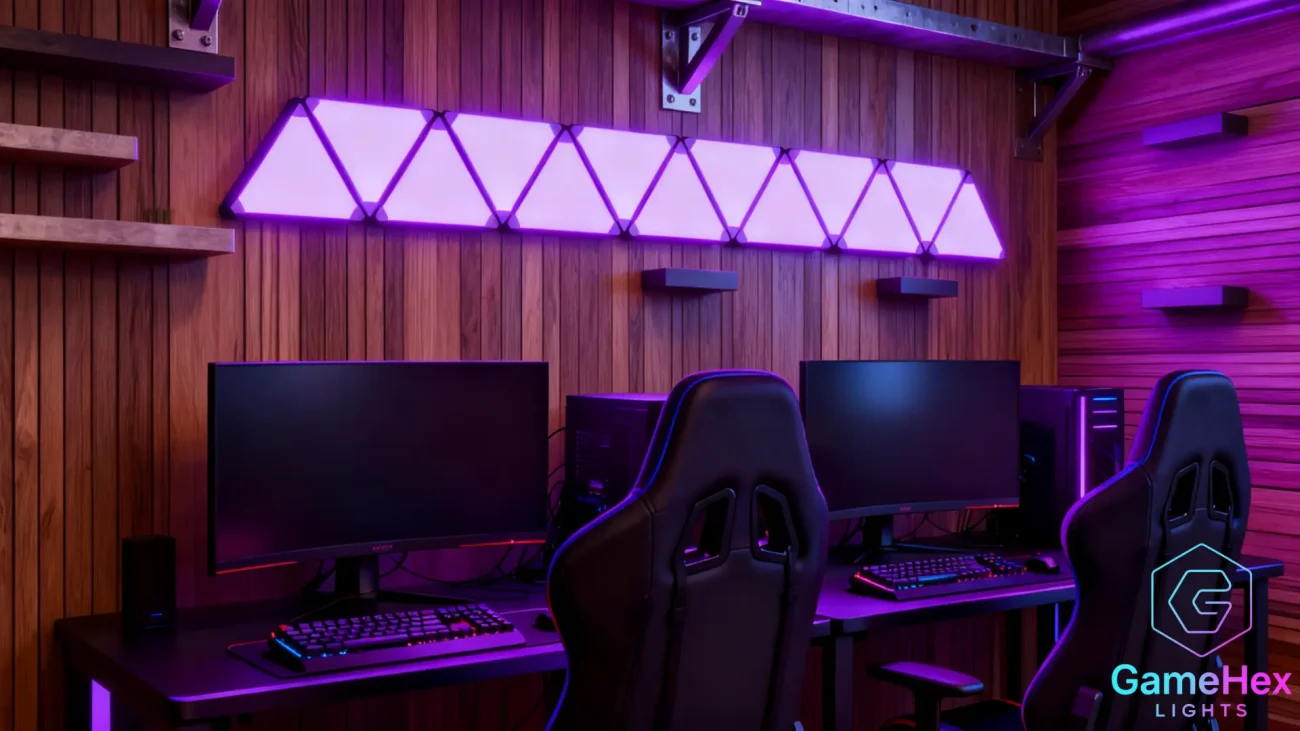 RGB triangle LED wall lights in large format for bedrooms, home studios, and game rooms, featuring modular smart panels with customizable colors, adjustable brightness, dynamic RGB lighting effects, app and remote control, magnetic panel design for flexible wall arrangements, ideal for gamers, streamers, content creators, and modern home décor enthusiasts – Gaming Hexagon Lights.