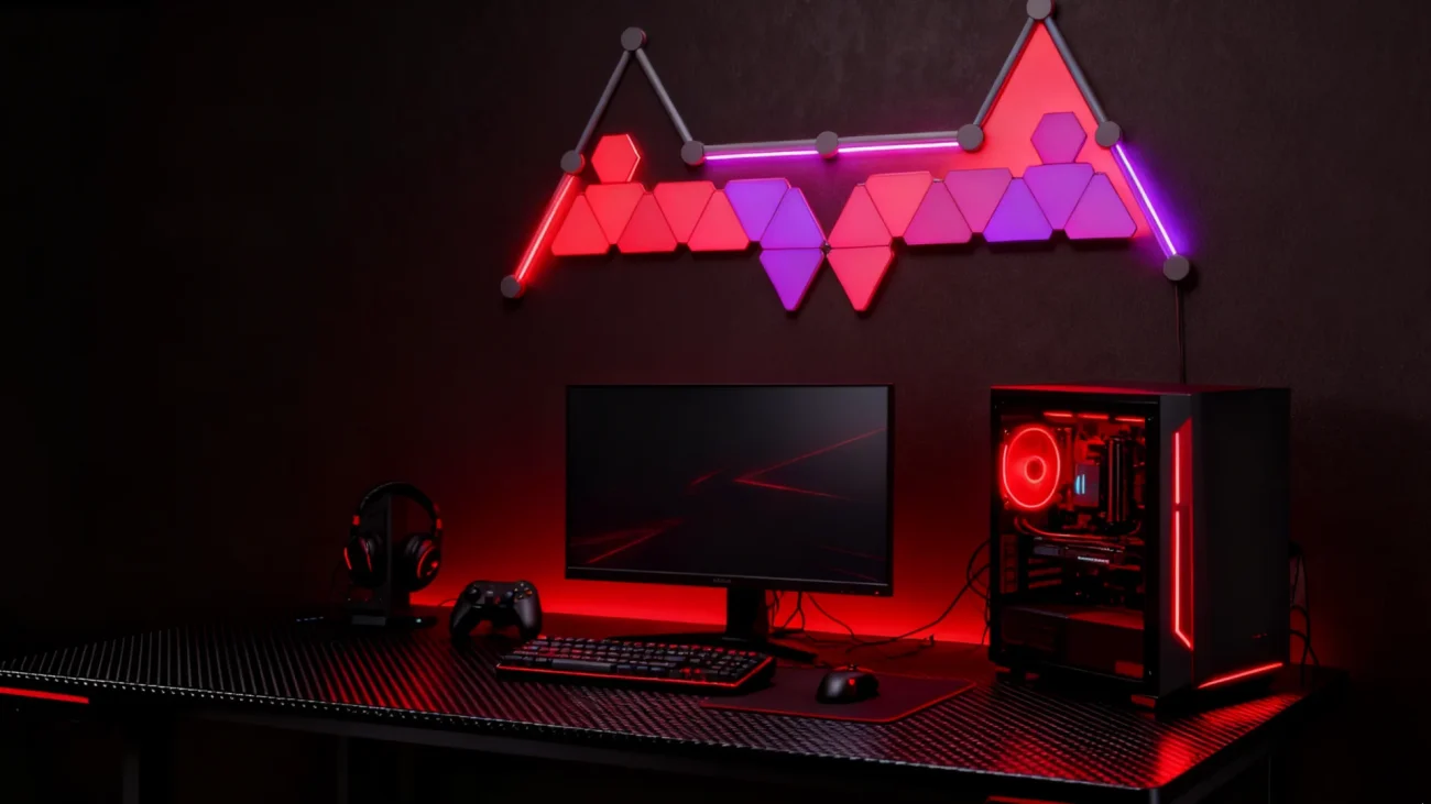 RGBIC Triangle and Hexagon Gaming Wall Light Panels with LED Light Bars by Gaming Hexagon Lights – Smart Modular Ambient RGB Lighting for Gaming Rooms, Streaming Studios, Bedrooms, and Home Décor