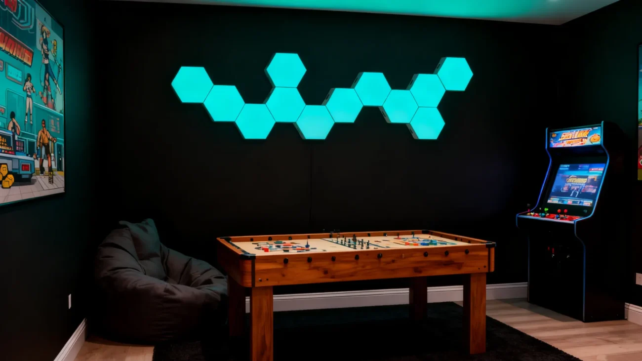 Gaming Hexagon Lights RGBIC hex LED honeycomb light panels, smart ambient modular wall lighting for bedrooms, living rooms, gaming setups, streaming studios, and modern home décor