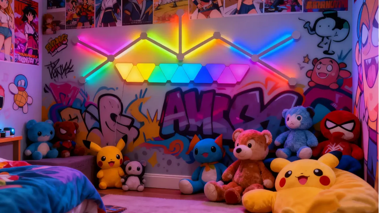 RGBIC mini triangle wall panels and smart LED light bars DIY modular lighting kit for gaming rooms and streaming setups by Gaming Hexagon Lights