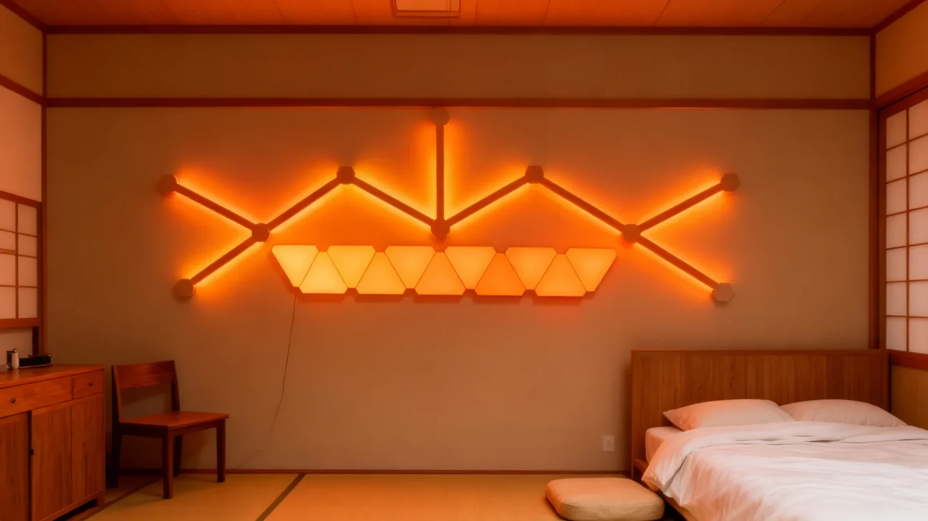 RGBIC mini triangle gaming wall light panels with LED bars smart music sync modular lighting kit for pro streaming and room setup by Gaming Hexagon Lights