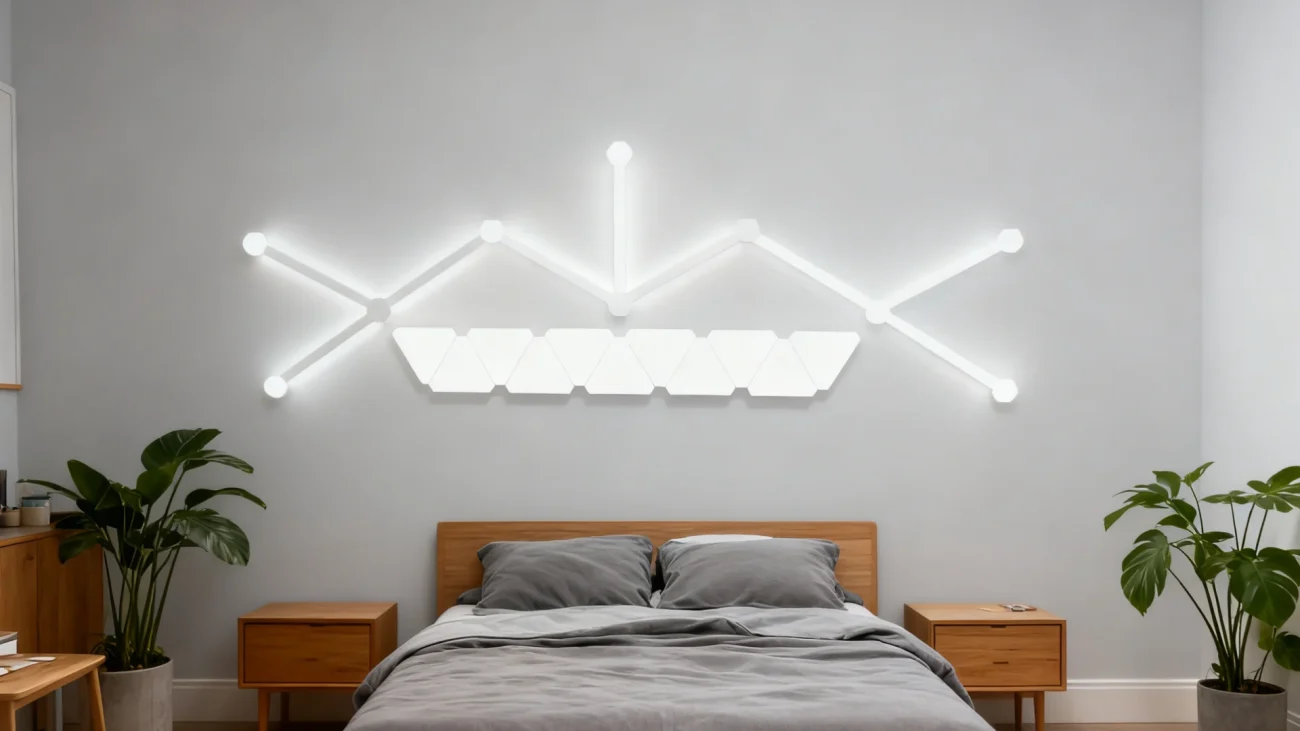 RGBIC mini triangle LED wall light set with light bars for gaming rooms, streaming setups, and modern home décor by Gaming Hexagon Lights