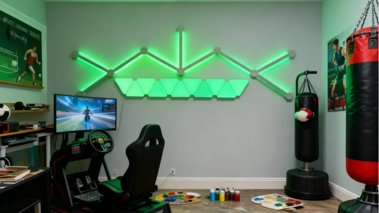 RGBIC mini triangle LED wall lighting system with bar lights for gaming stations, streaming rooms, and home entertainment spaces by Gaming Hexagon Lights