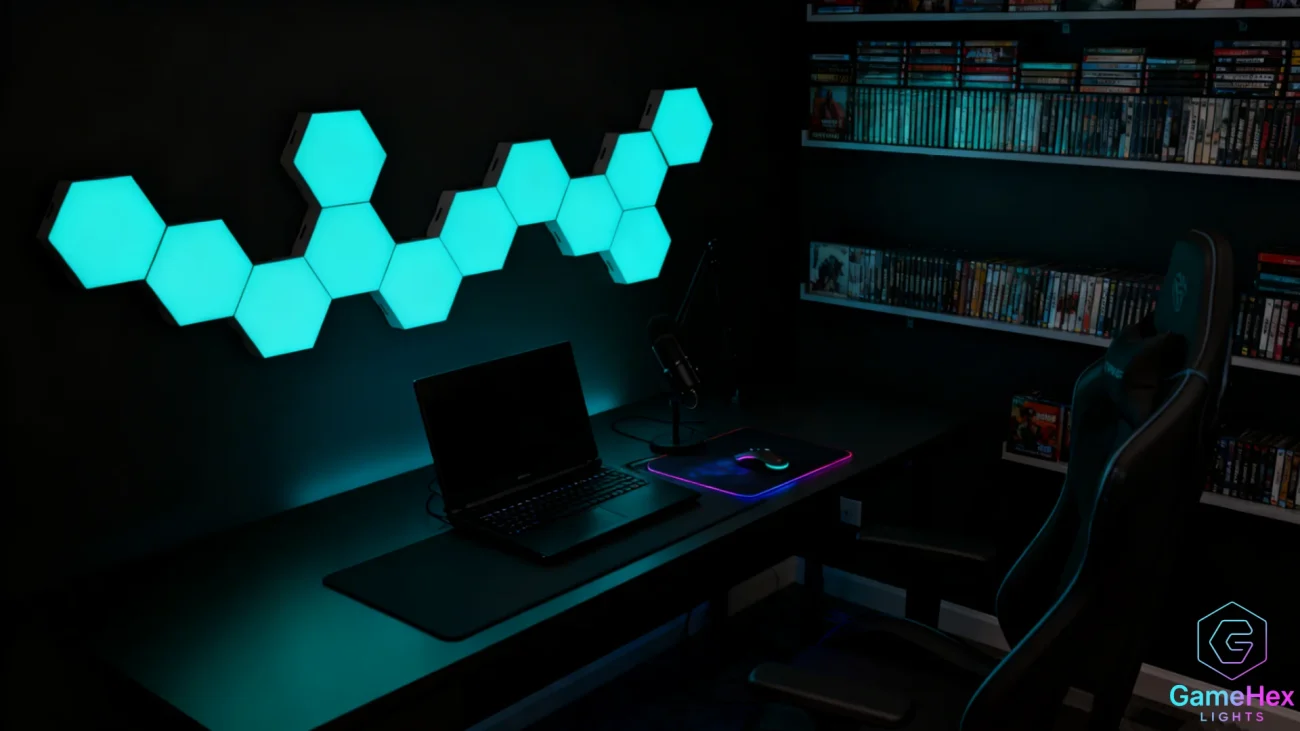 Gaming Hexagon Lights RGBIC modular hexagon LED panels for streaming setup, gaming room backdrop, content creator studio, and ambient wall decoration