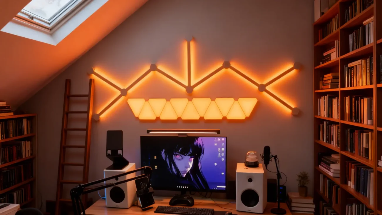 RGBIC modular mini triangle LED wall panels with light bars for smart color-changing ambient lighting in gaming rooms, streaming setups, and modern home décor by Gaming Hexagon Lights