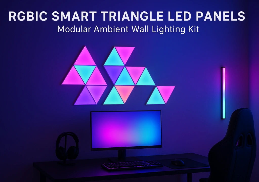 Gaming Hexagon Lights RGBIC Smart Triangle LED Panels – Modular Wall Lighting Kit for Gaming Rooms, Bedrooms, Streaming Studios, and Modern Home Decor