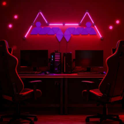 RGBIC Triangle and Hexagon LED Wall Panels with 8 Light Bars by Gaming Hexagon Lights – Smart Modular RGB Ambient Lighting for Gaming Rooms, Bedrooms, Studios, and Modern Home Décor