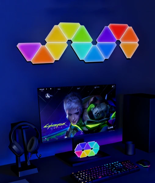 RGBIC triangle LED wall panels for gaming rooms, smart modular ambient lighting, color-changing wall lights for streamers, bedrooms, studios, and modern home décor – Gaming Hexagon Lights