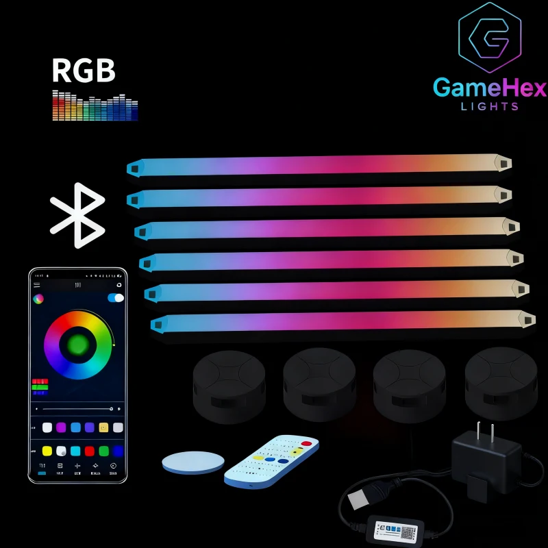 RGBIC wall-mounted LED bars by Gaming Hexagon Lights – immersive smart lighting for gaming setups, streaming rooms, home mood lighting, and creative interiors worldwide