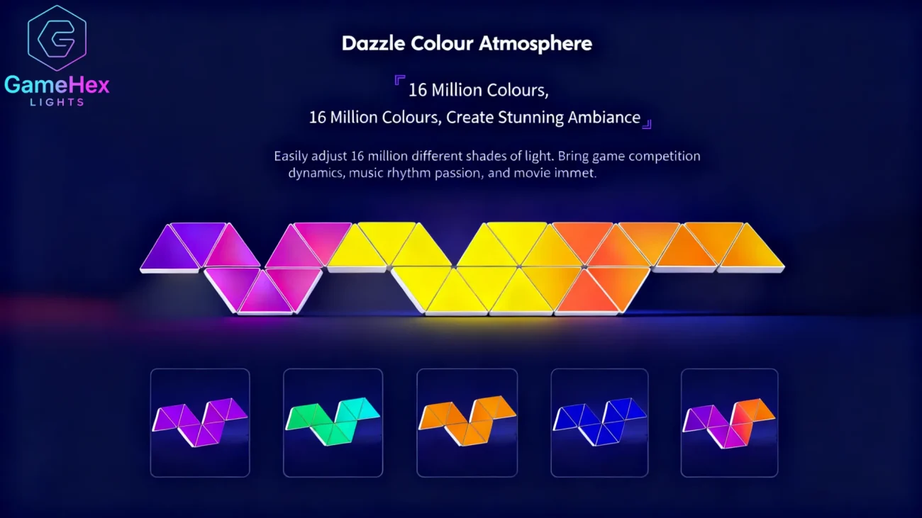 Smart large triangle LED wall lights with RGB modular lighting kit for bedrooms, gaming rooms, and living rooms, featuring customizable colors, adjustable brightness, dynamic RGB effects, app and remote control, magnetic modular design for flexible wall layouts, perfect for gamers, streamers, content creators, and modern home décor enthusiasts – Gaming Hexagon Lights.