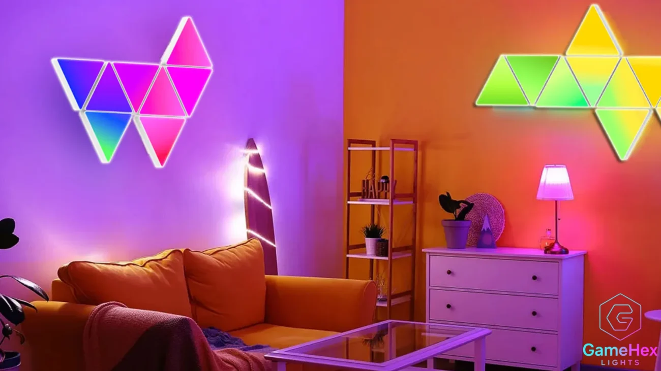 Smart RGB LED triangle light panels for gamers, streamers, bedrooms, home studios, and modern living rooms, featuring large modular wall lighting kit, fully customizable colors, adjustable brightness, dynamic RGB effects, app and remote control, magnetic modular design for flexible wall arrangements, perfect for immersive gaming, streaming setups, and modern interior décor – Gaming Hexagon Lights.