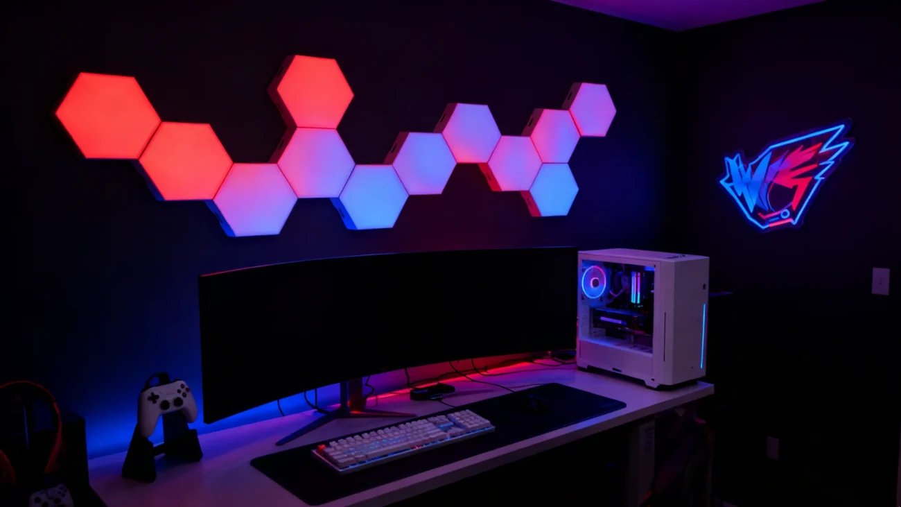 Gaming Hexagon Lights RGBIC honeycomb LED wall panels for gaming, streaming studio, bedroom ambient lighting, modular quantum smart LED décor”