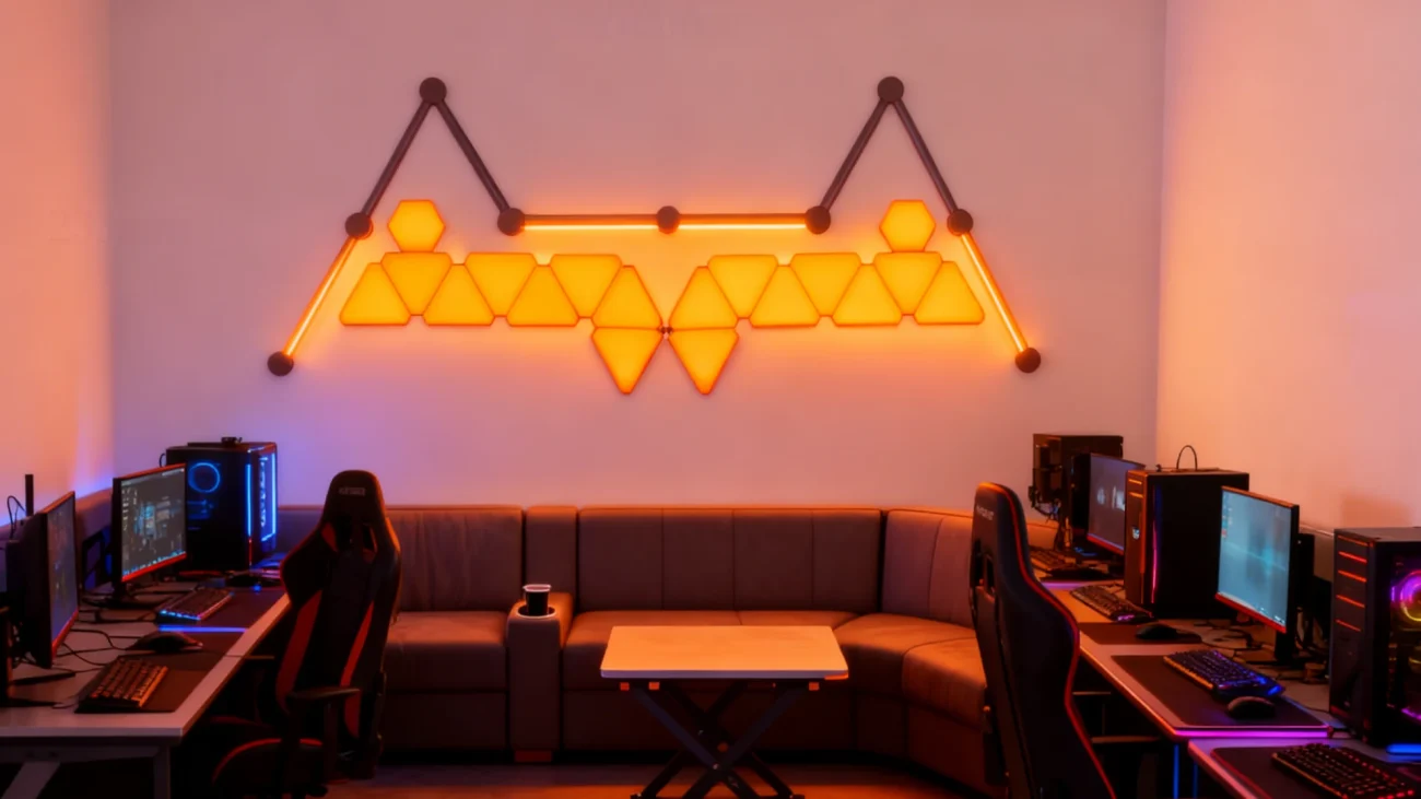 Smart RGBIC LED Triangle Wall Panels with Light Bars by Gaming Hexagon Lights – Modular RGB Ambient Lighting for Gaming Rooms, Bedrooms, Streaming Studios, and Modern Home Interiors