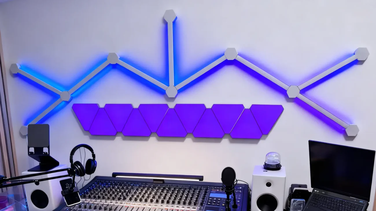 Smart RGBIC mini triangle modular wall panels with LED light bar kit for customizable ambient lighting in bedrooms, offices, gaming rooms, and entertainment zones by Gaming Hexagon Lights