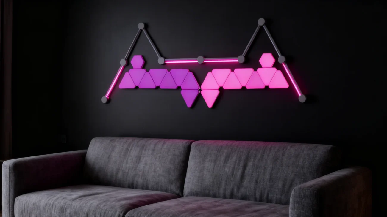 Smart RGBIC Triangle and Hex LED Wall Panels with Light Bars by Gaming Hexagon Lights – Modular Music-Synced RGB Lighting for Gaming Rooms, Streaming Studios, Bedrooms, and Modern Home Interiors