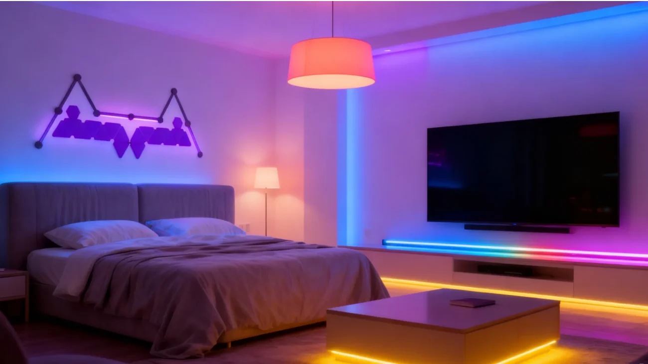 Sync-to-Music RGBIC Triangle Wall Panels with LED Bars by Gaming Hexagon Lights – Modular RGB Ambient Lighting for Gaming Rooms, Streaming Studios, Bedrooms, and Modern Home Interiors