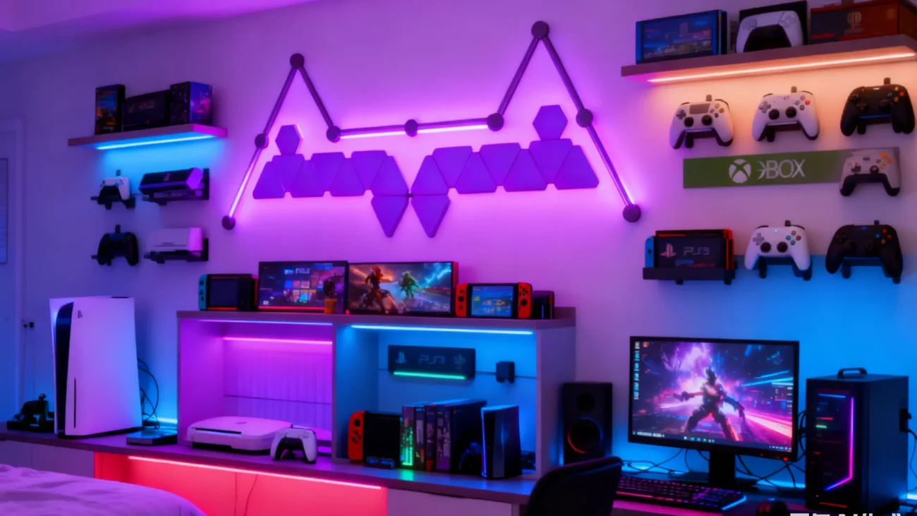 Triangle and Hex RGBIC LED Wall Panels with Light Bars by Gaming Hexagon Lights – Smart Dream Color Modular Ambient Lighting for Gaming Rooms, Streaming Studios, Bedrooms, and Modern Home Interiors