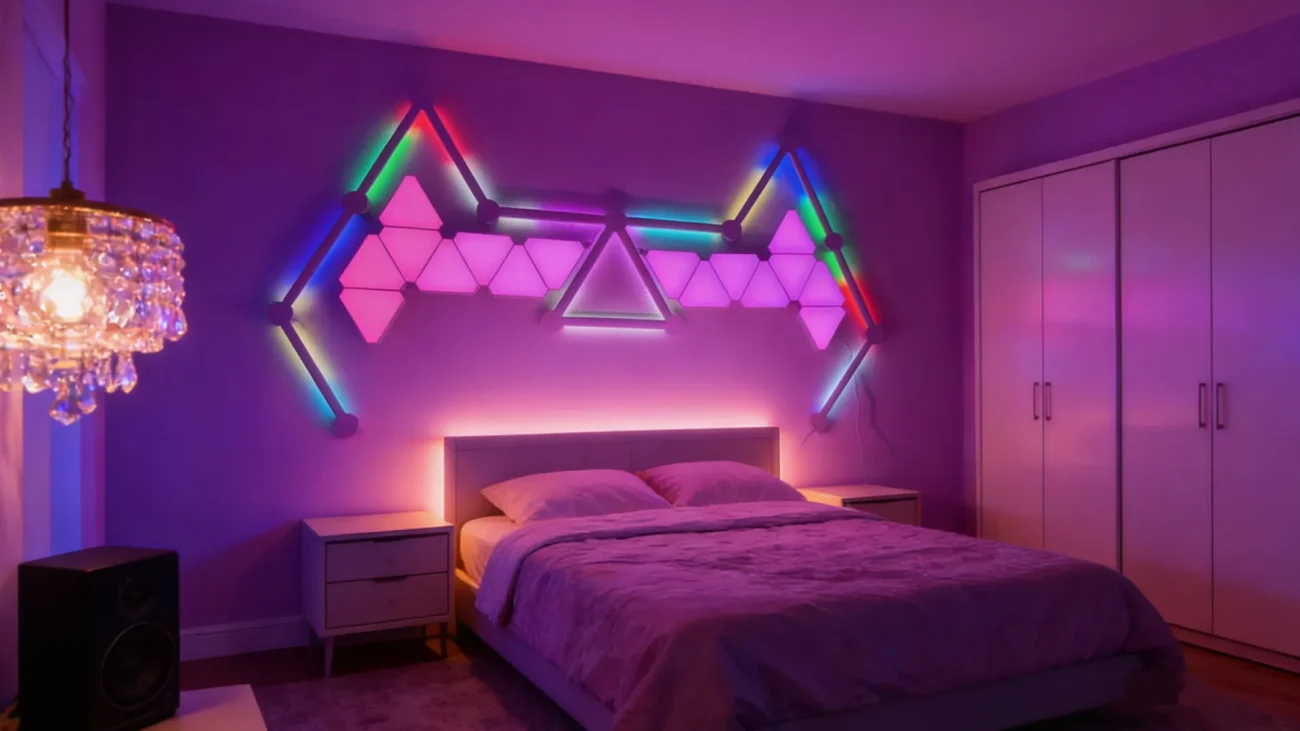 13-Piece Constellation LED Bars and 16-Piece Quantum Triangle Panels by Gaming Hexagon Lights – Modular DIY LED Kit for Gaming Rooms, Streaming Setups, and Home Ambient Lighting with RGBIC Effects