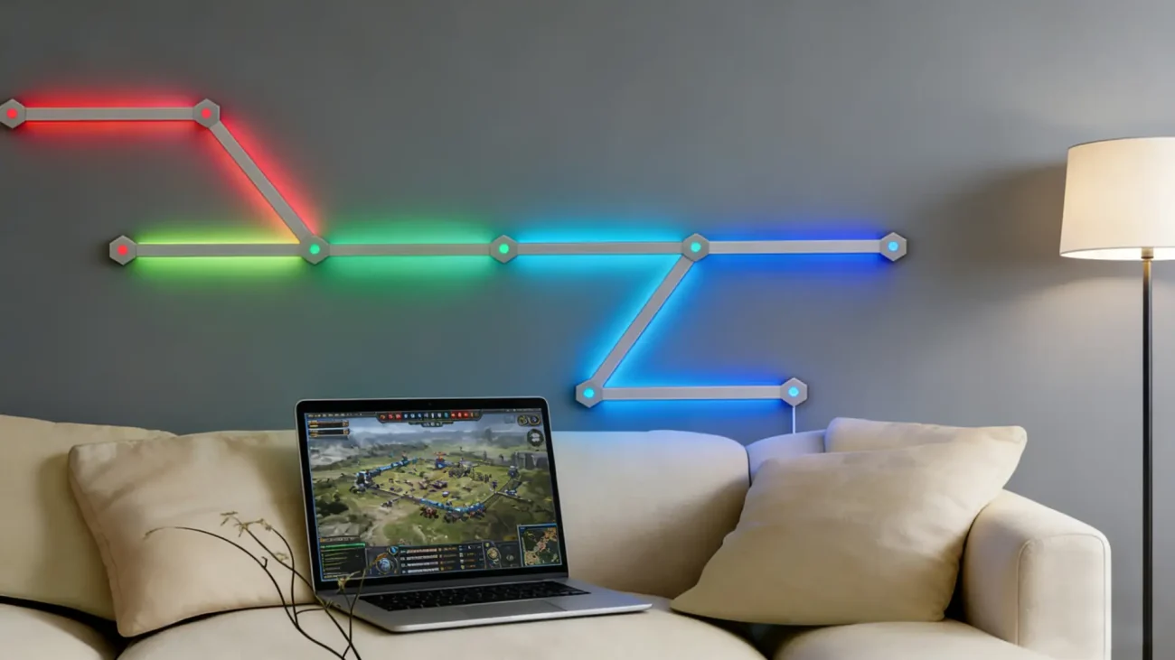 9-Piece Smart RGB Light Bars and Modular LED Panels by Gaming Hexagon Lights – Desk Ambient Lighting Kit with Music Sync for Gaming Rooms, Streaming Setups, Bedrooms, and Creative Wall Decor