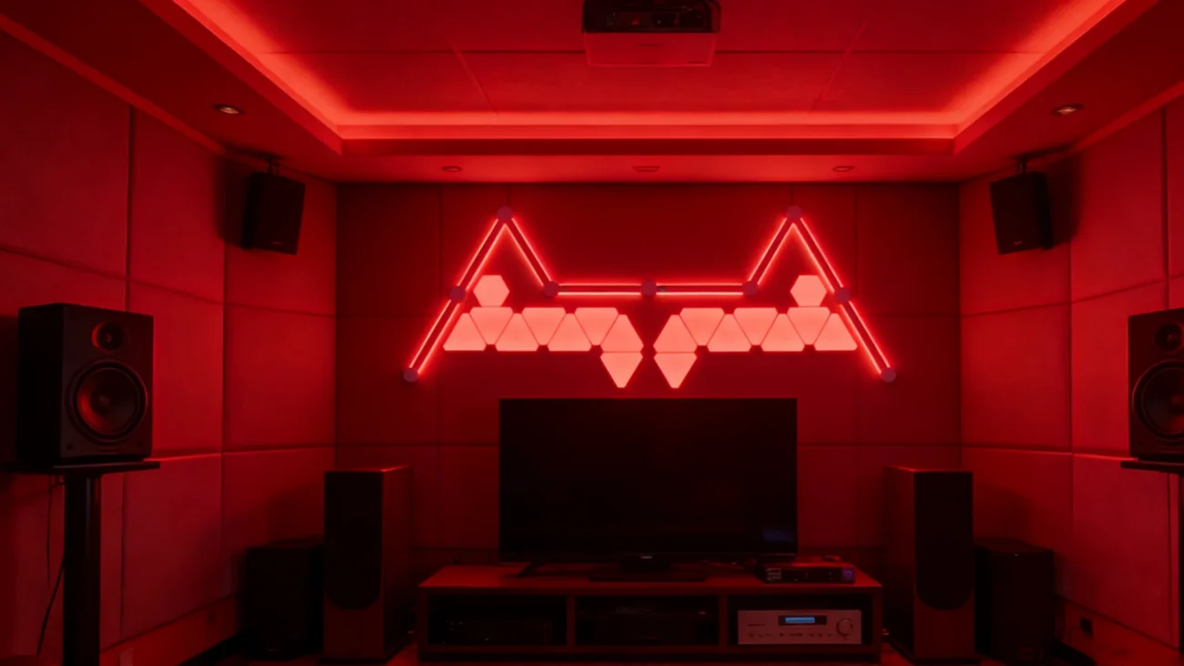 AstraBeam RGBIC wall light system with 8 constellation LED bars, 16 micro triangle panels, and 2 hex edge shapes for modular ambient lighting by Gaming Hexagon Lights.