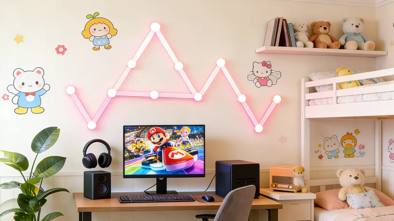 AuroraBeam RGBIC 12-Bar DIY modular LED wall panels for gaming rooms, streaming setups, bedrooms, and home ambient décor with app-controlled smart RGBIC colors, music-sync, and customizable modular layouts by Gaming Hexagon Lights