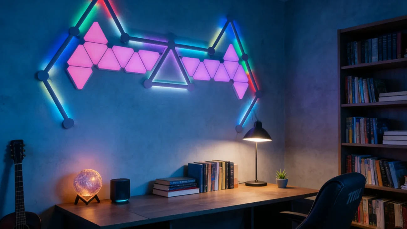 AuroraForge Smart RGBIC Wall Panels by Gaming Hexagon Lights – Modular Hexagon and Triangle LED Bars for Gaming Rooms, Streaming Studios, and Home Ambient Lighting with App-Controlled RGBIC Effects