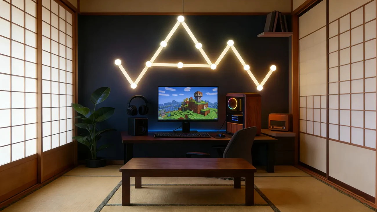CosmoWave RGBIC LED wall panels for gaming rooms, streaming setups, bedrooms, and home décor, featuring smart modular design, app-controlled RGBIC colors, music-sync effects, and customizable layouts by Gaming Hexagon Lights