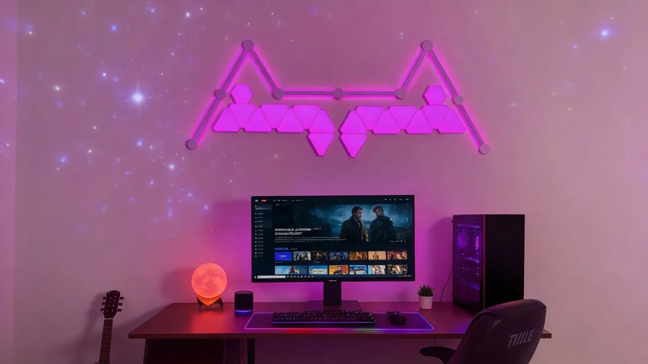 CyberTrace RGBIC wall light kit with 8 galaxy bars, 16 mini triangle panels, and 2 hex corner panels for immersive gaming and home décor by Gaming Hexagon Lights