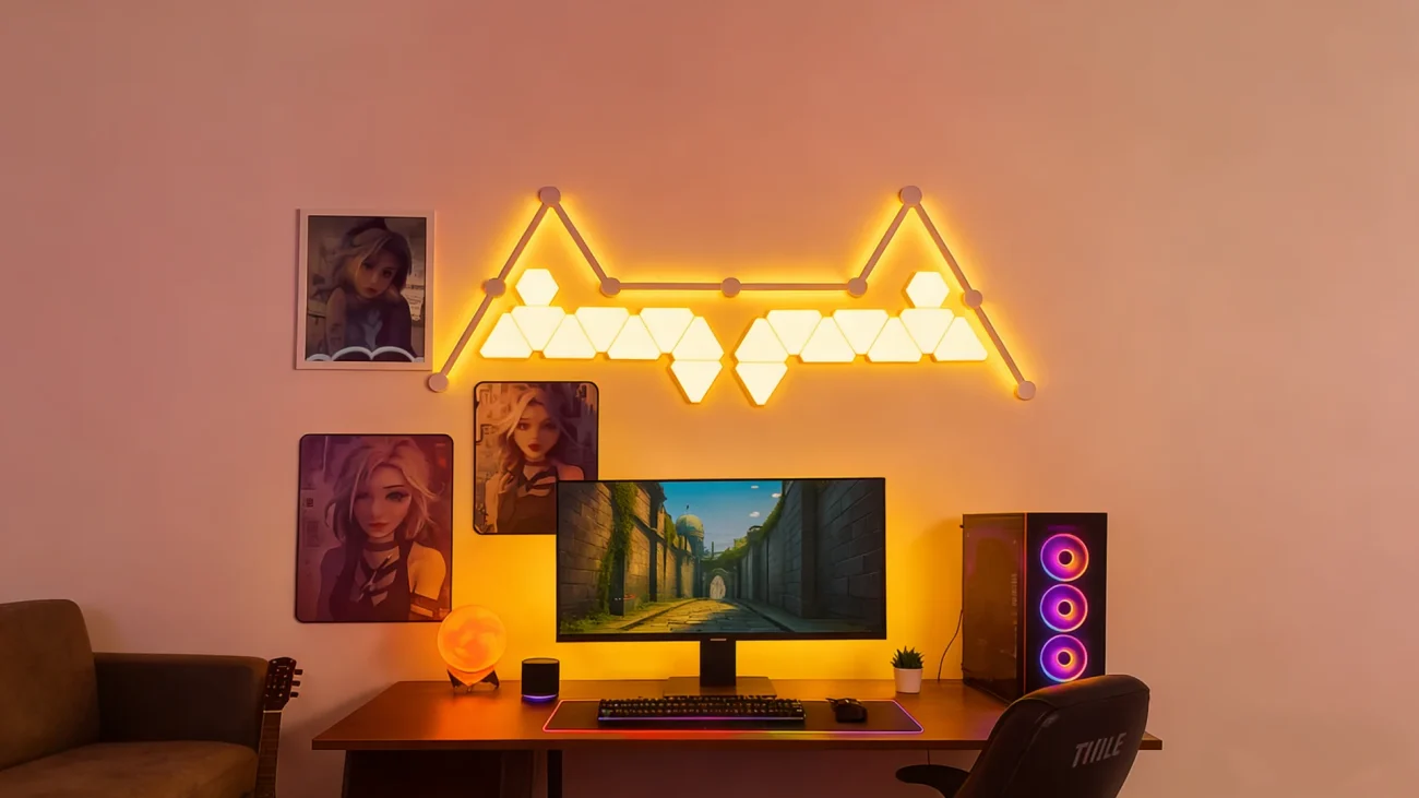 GalaxyLine RGBIC wall light kit with 8 constellation bars, 16 mini triangle panels, and 2 hex edge pieces for immersive gaming and ambient room lighting by Gaming Hexagon Lights