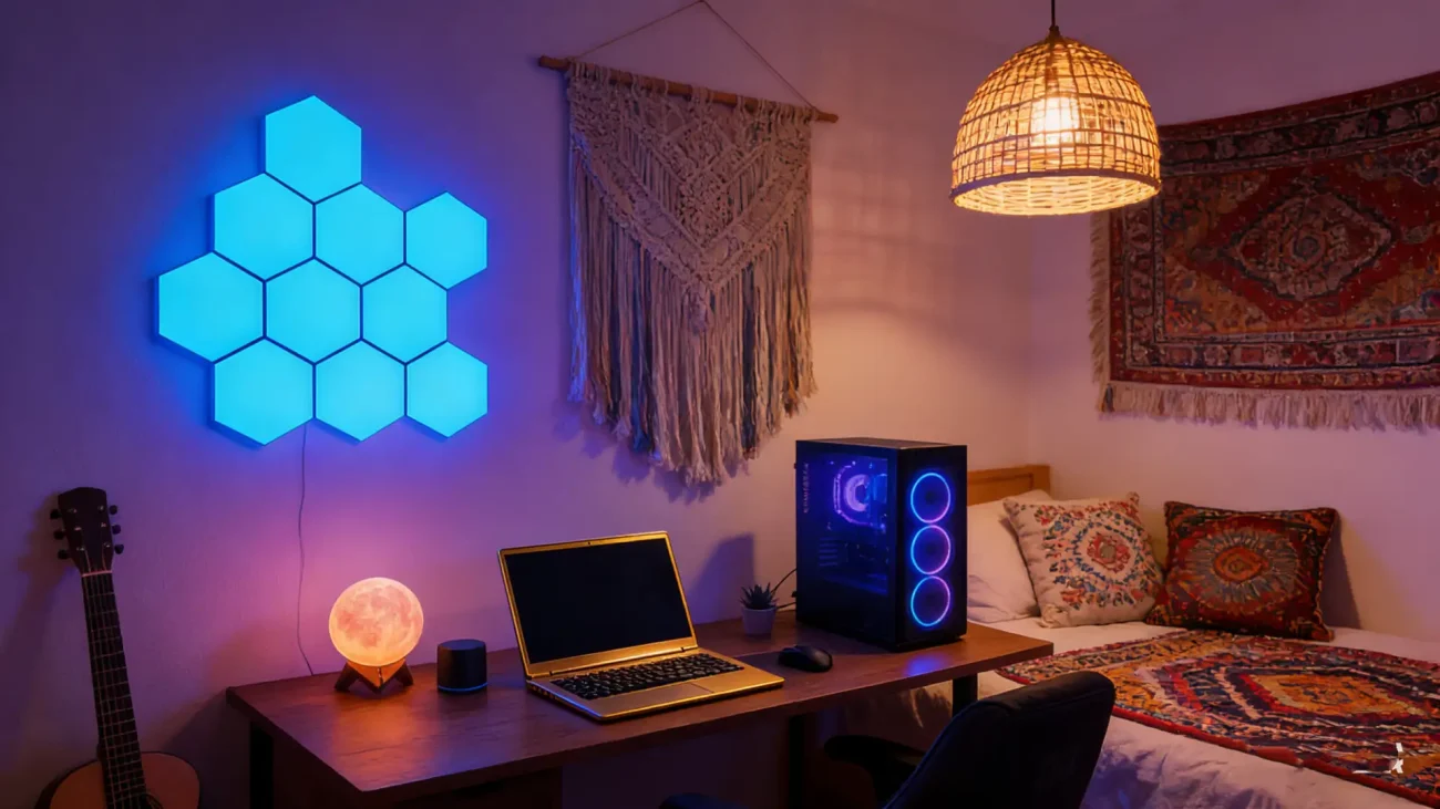 HoloHex RGBIC smart modular hexagon LED wall panels by Gaming Hexagon Lights, futuristic ambient lighting for gaming rooms, bedrooms, and modern home décor, customizable and expandable.