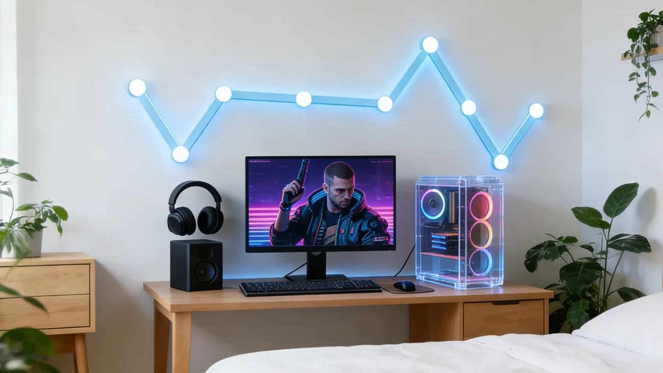 HyperNova RGBIC 12-piece modular LED bars for gaming rooms, streaming setups, and bedrooms, featuring app-controlled RGBIC colors, music-sync effects, customizable layouts, and smart modular design by Gaming Hexagon Lights